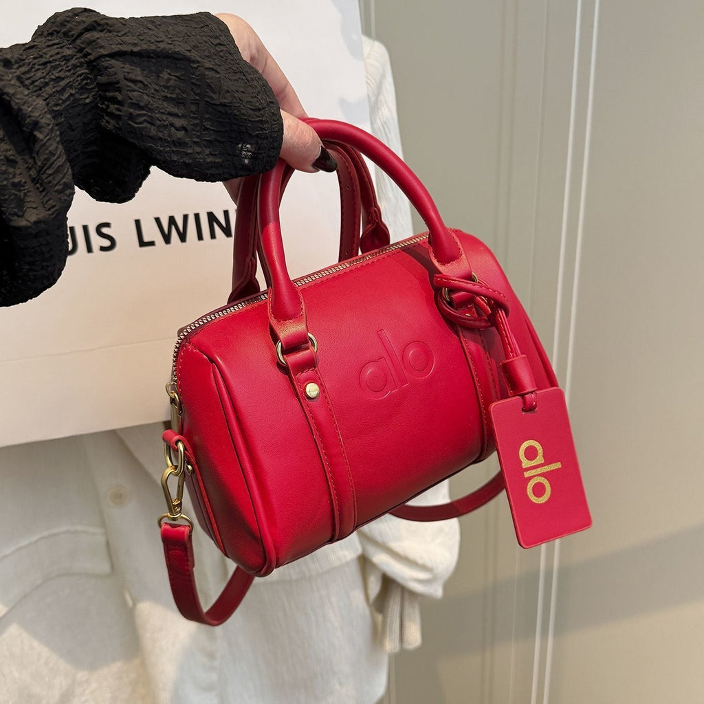 Red Leather Mini Boston Bag with Gold Zip