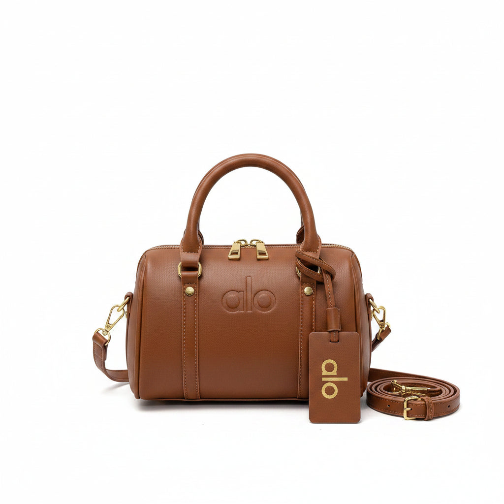 Tan Leather Mini Boston Bag with Gold Zip