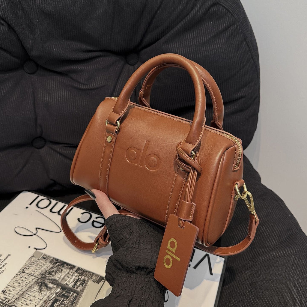 Tan Leather Mini Boston Bag with Gold Zip