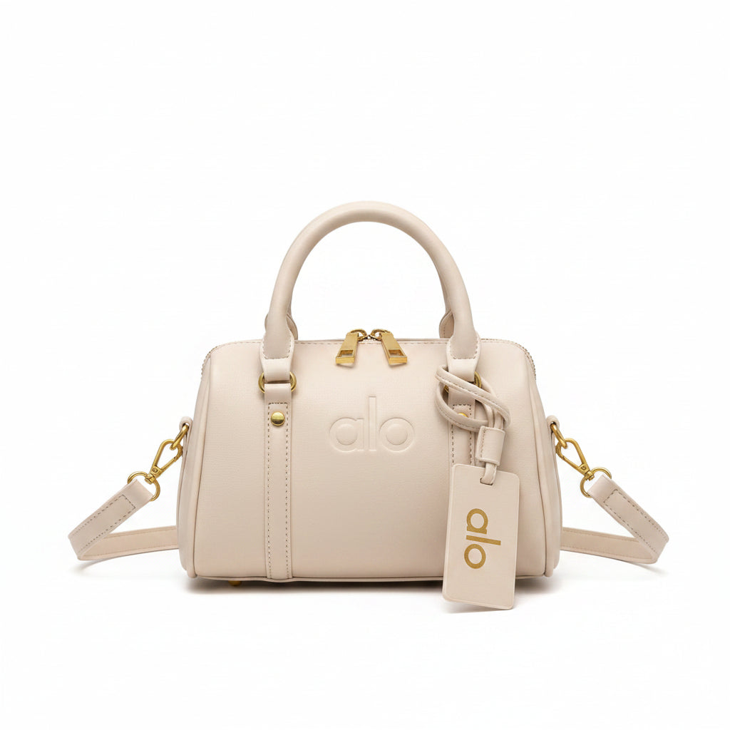 Cream Leather Mini Boston Bag with Gold Zip