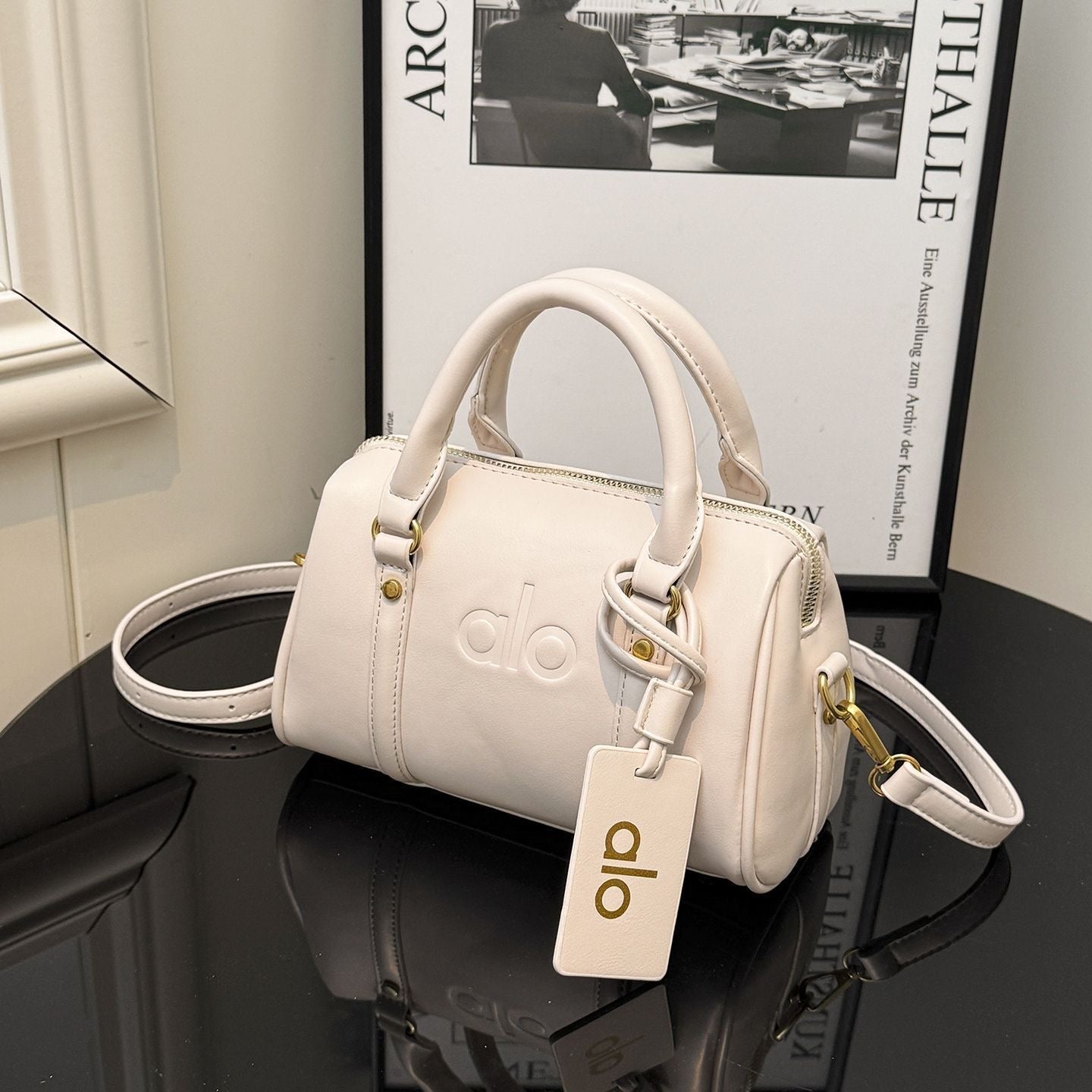 Cream Leather Mini Boston Bag with Gold Zip