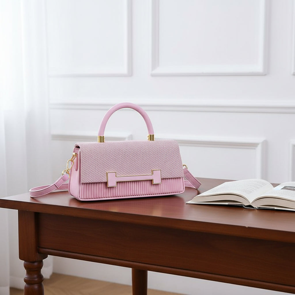 Pink Woven Texture H-Clasp Top Handle Bag