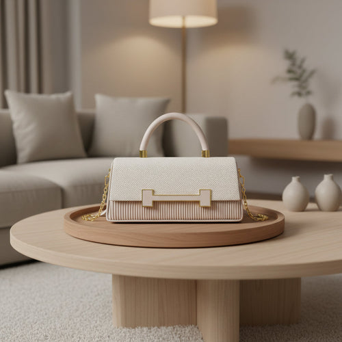 Cream Woven Texture H-Clasp Top Handle Bag