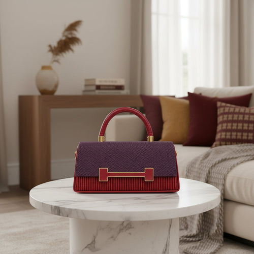 Burgundy Woven Texture H-Clasp Top Handle Bag