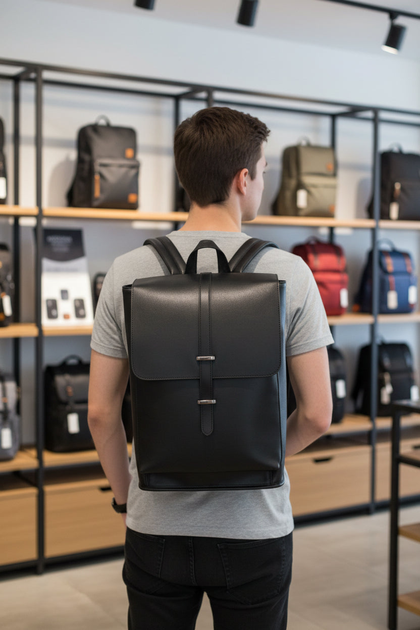 Men's All-Black Leather Backpack with Silver Pin-Bar Closure