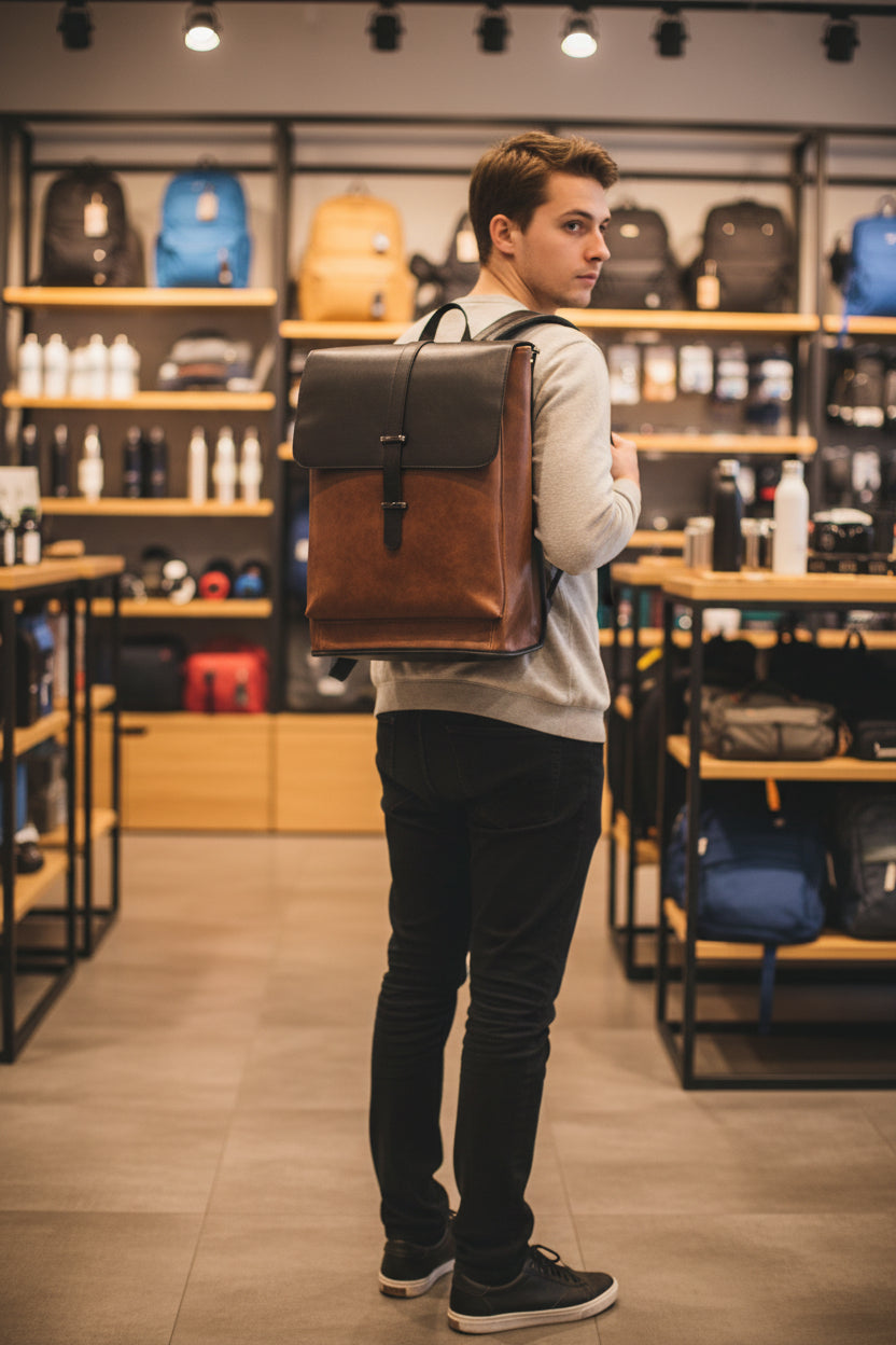Men's Two-Tone Leather Backpack – Tan Brown & Black