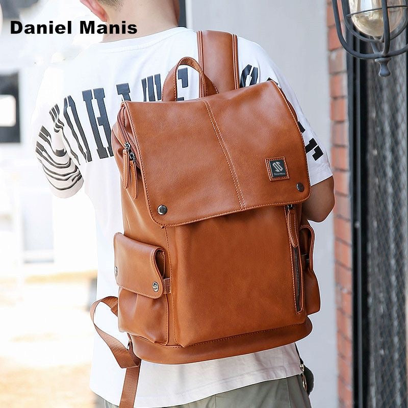 Men's Vintage Cognac Leather Backpack with Multi-Pocket Design