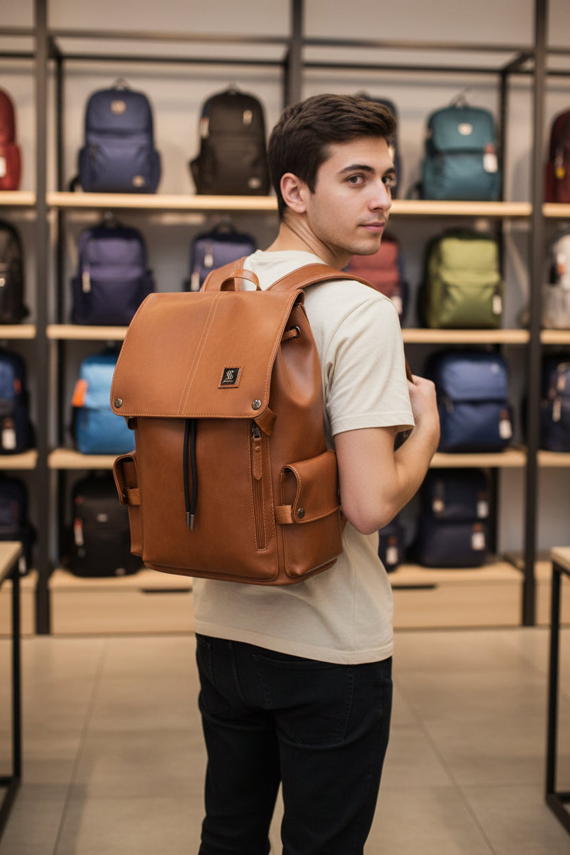 Men's Vintage Cognac Leather Backpack with Drawstring Zip Pocket
