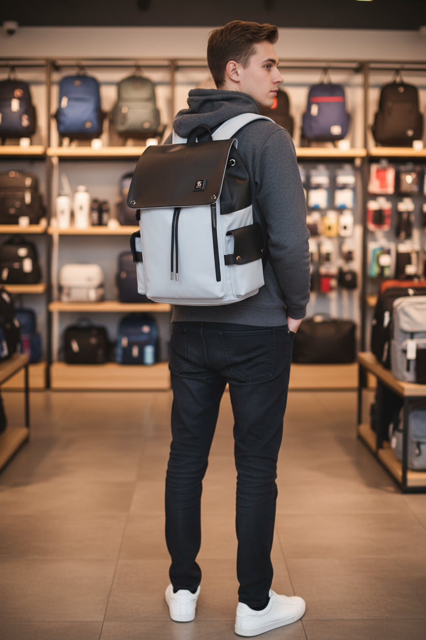 Men's Two-Tone Leather & Canvas Backpack – Light Grey & Black