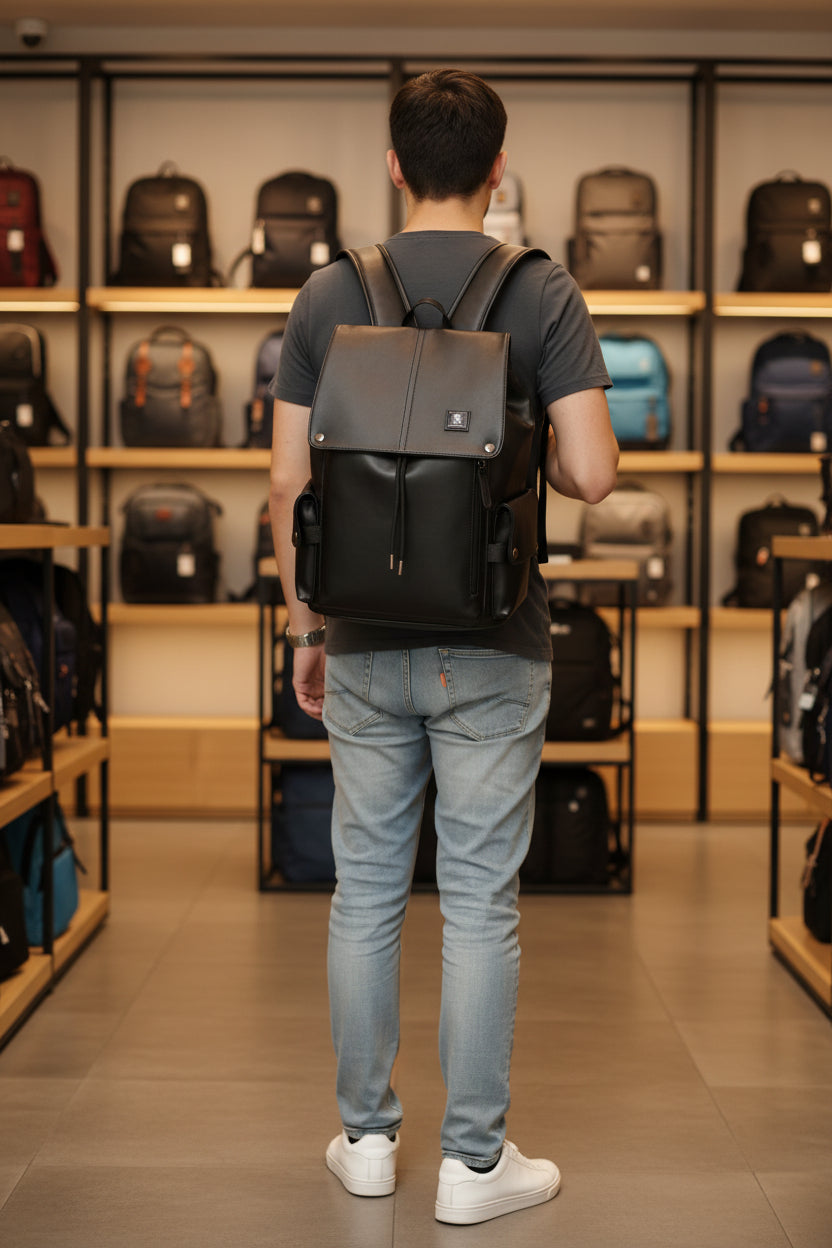 Men's All-Black Vintage Leather Backpack with Drawstring Zip Pocket
