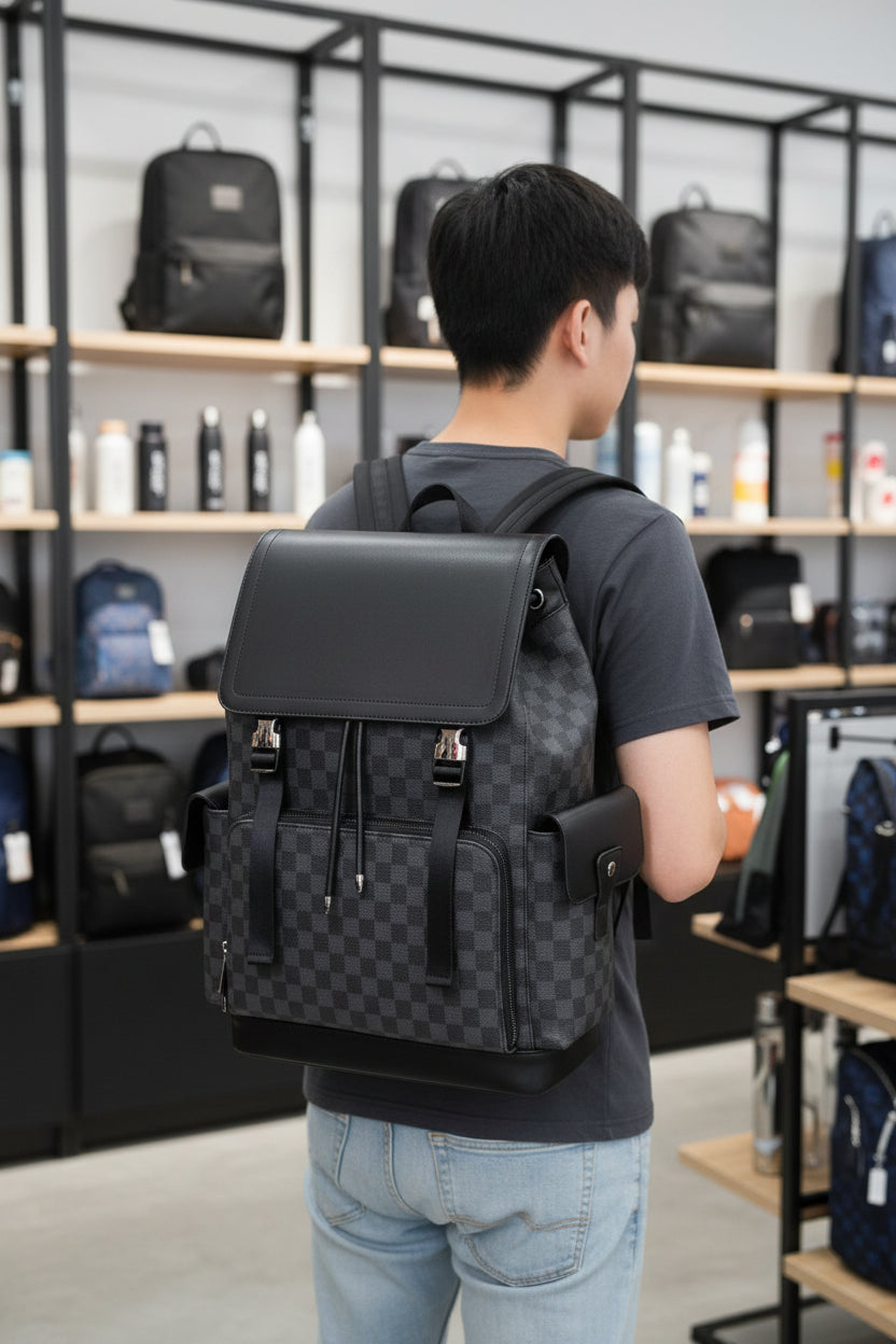 Men's Luxury Checkerboard Monogram Backpack with Leather Flap Top