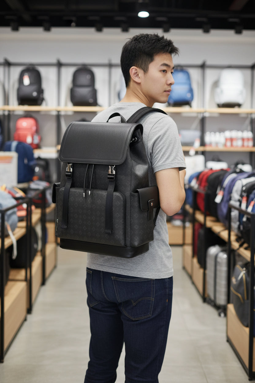 Men's All-Black Tonal Monogram Backpack with Leather Flap & Silver Hardware