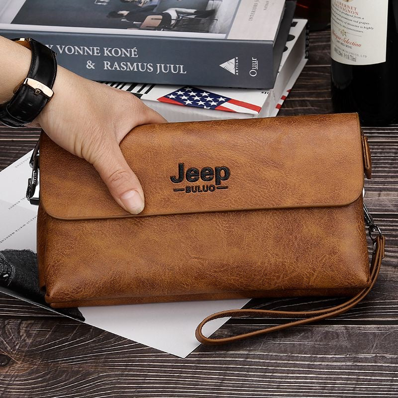 Men's Tan Leather Clutch Bag with Wrist Strap & Zip Closure