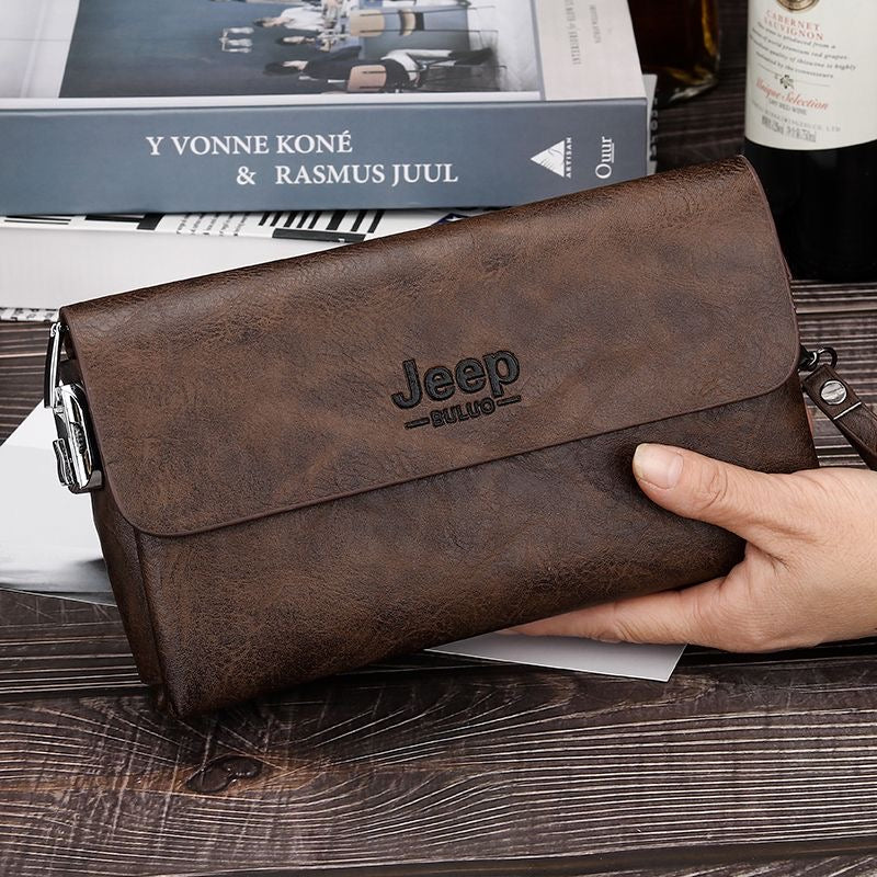 Men's Dark Brown Leather Clutch Bag with Wrist Strap & Zip Closure