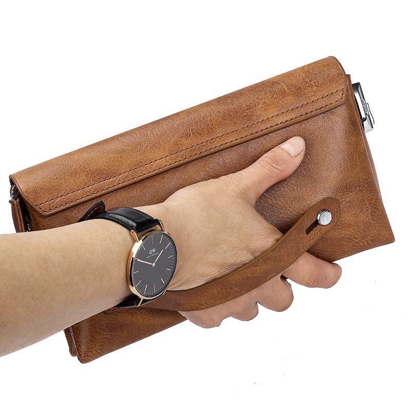 Men's Tan Leather Clutch Bag with Wrist Strap & Zip Closure