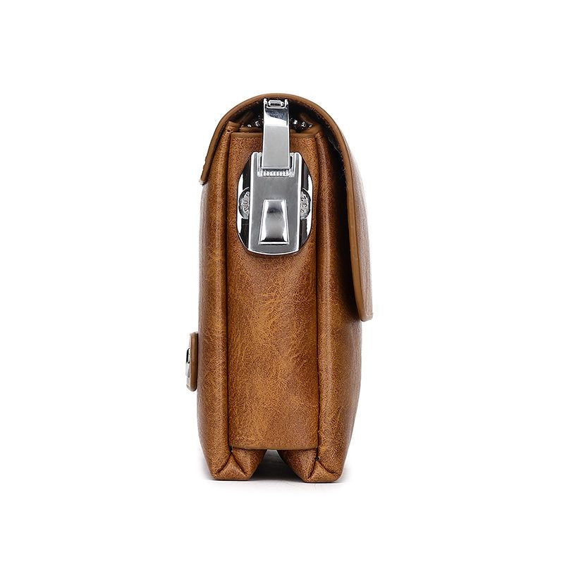Men's Tan Leather Clutch Bag with Wrist Strap & Zip Closure