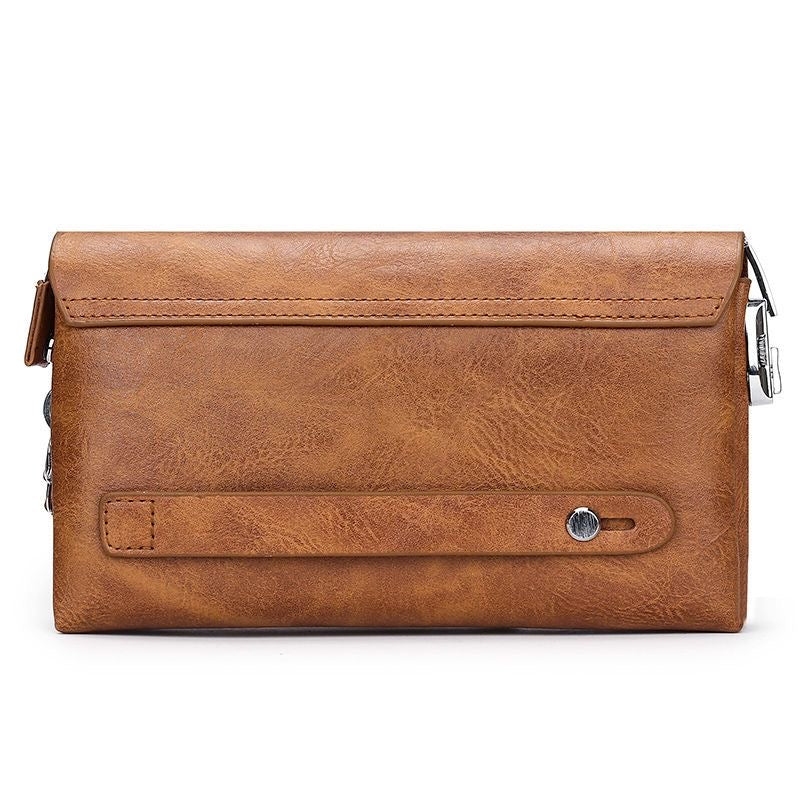 Men's Tan Leather Clutch Bag with Wrist Strap & Zip Closure