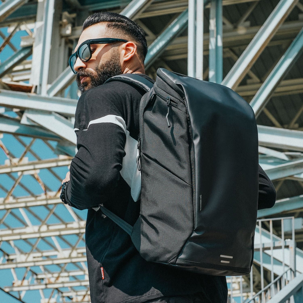 Men's Waterproof Matte Black Tech Backpack with Reflective Strip & Mesh Side Pocket