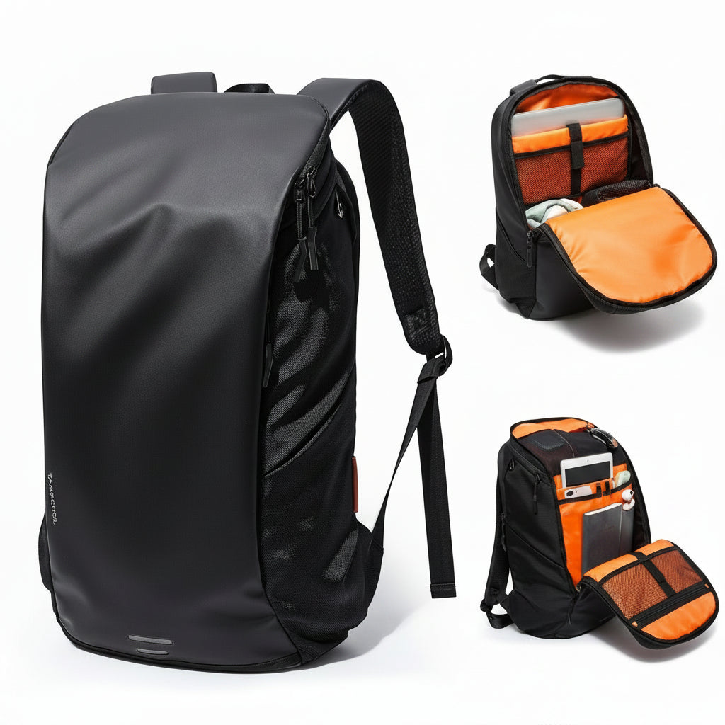 Men's Waterproof Matte Black Tech Backpack with Reflective Strip & Mesh Side Pocket