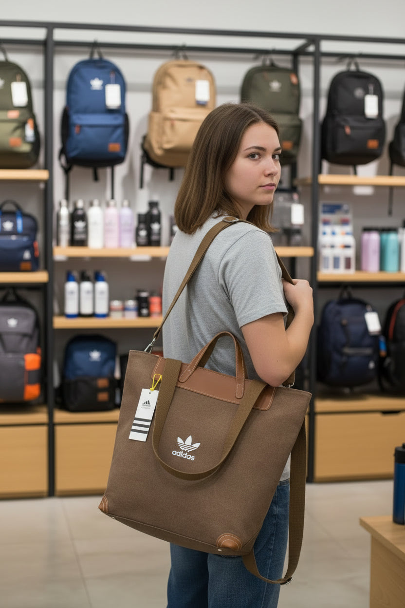 Canvas & Leather Trim Tote Bag with Crossbody Strap – Khaki