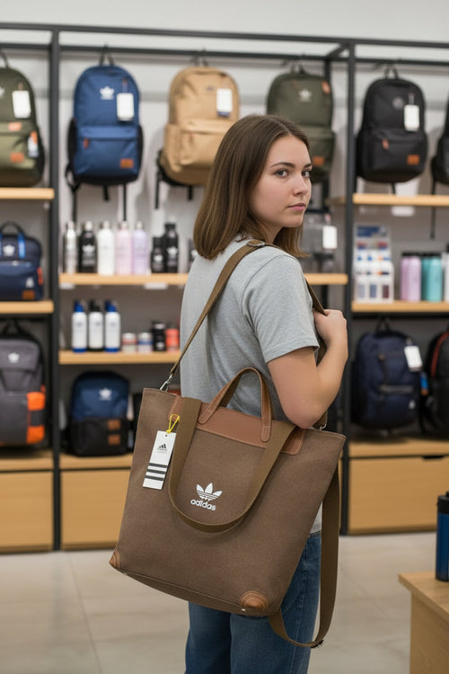 Canvas & Leather Trim Tote Bag with Crossbody Strap – Khaki