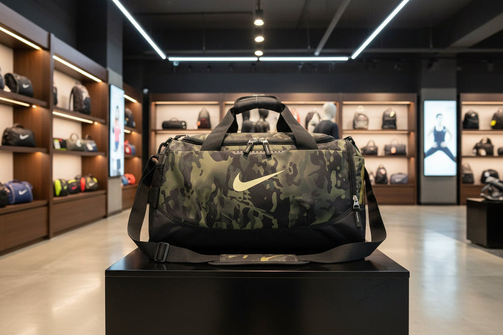 Men's Camo Print Sports Duffle Gym Bag with Gold Swoosh & Shoulder Strap