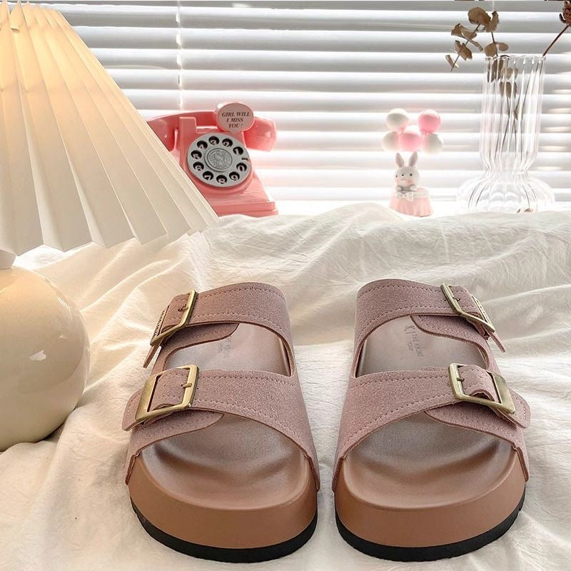 Suede Double-Strap Slide Sandals — Dusty Mauve