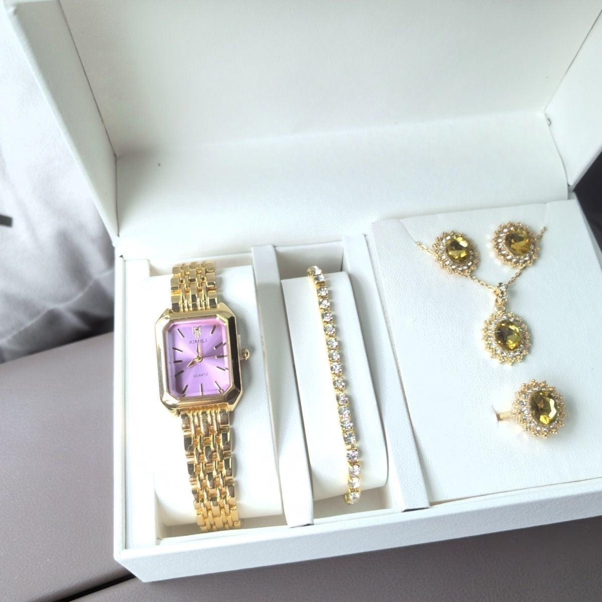 Gold Lavender Watch & Citrine Crystal 5-Piece Gift Set