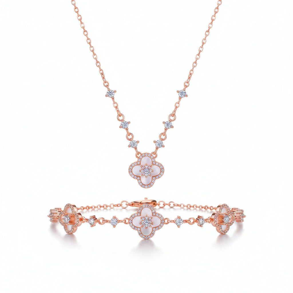 Rose Gold Mother-of-Pearl Clover 2-Piece Jewellery Set