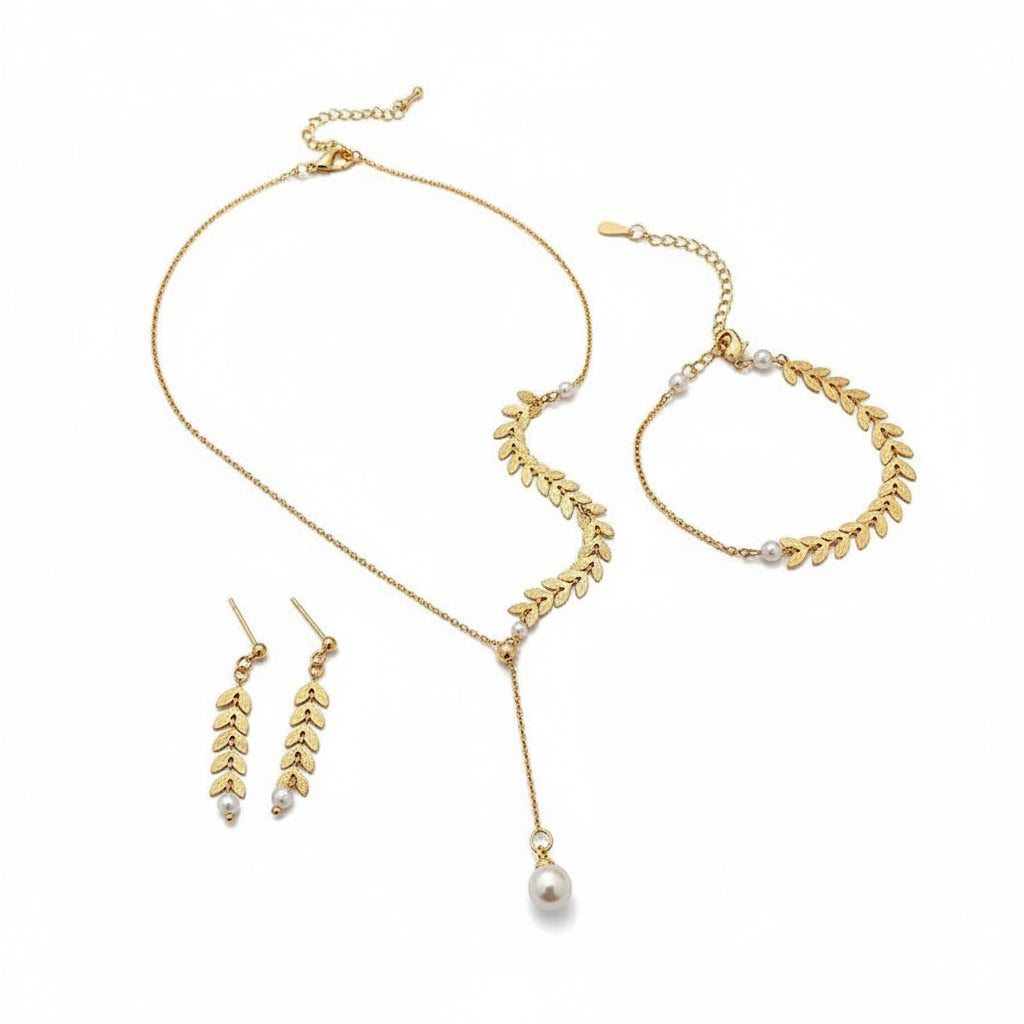 Gold Wheat Leaf & Pearl 3-Piece Jewellery Set