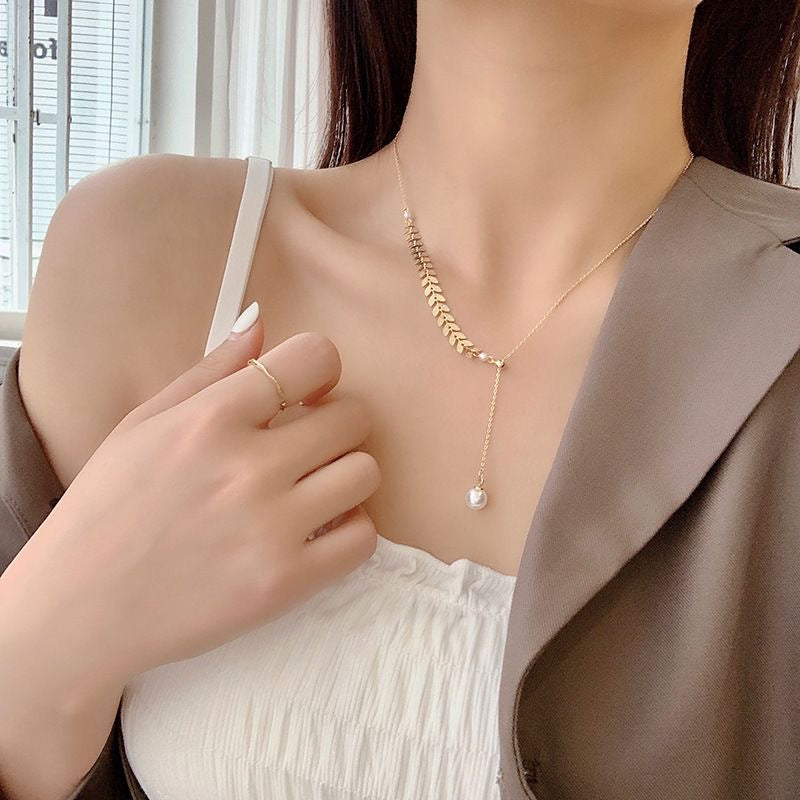 Gold Wheat Leaf & Pearl 3-Piece Jewellery Set
