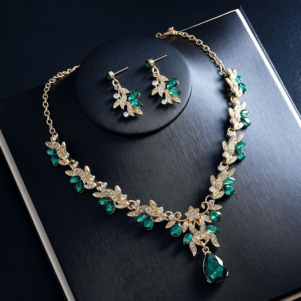 Gold Emerald Green Crystal Leaf & Teardrop 2-Piece Jewellery Set