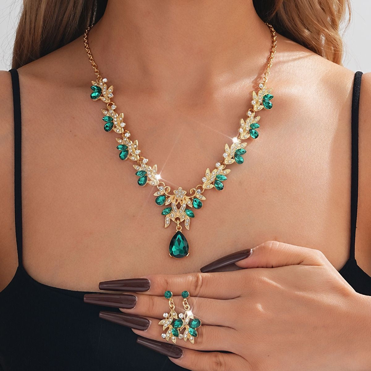 Gold Emerald Green Crystal Leaf & Teardrop 2-Piece Jewellery Set