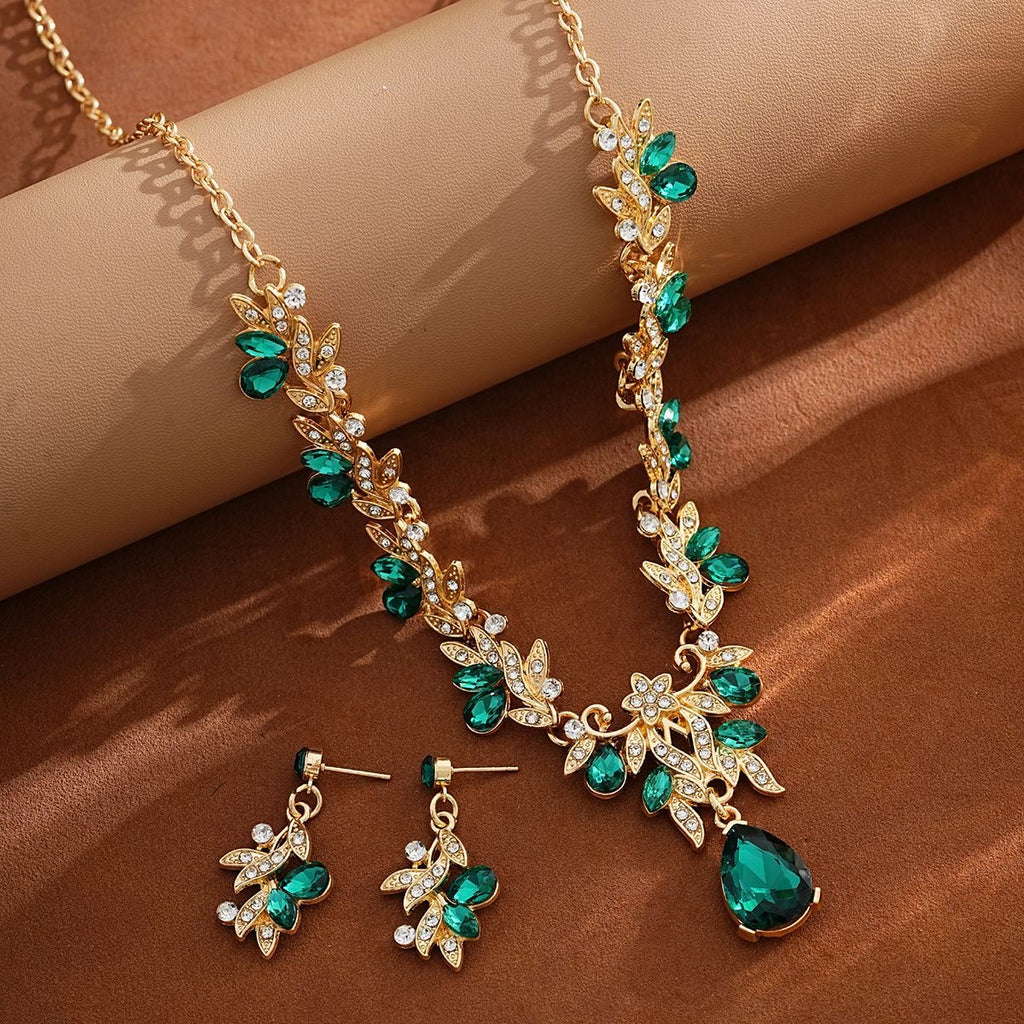 Gold Emerald Green Crystal Leaf & Teardrop 2-Piece Jewellery Set