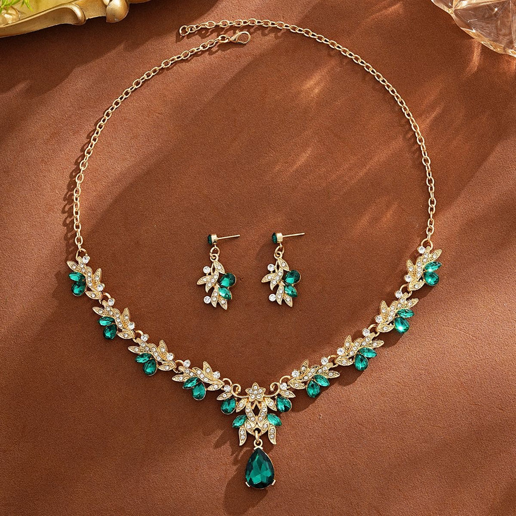 Gold Emerald Green Crystal Leaf & Teardrop 2-Piece Jewellery Set