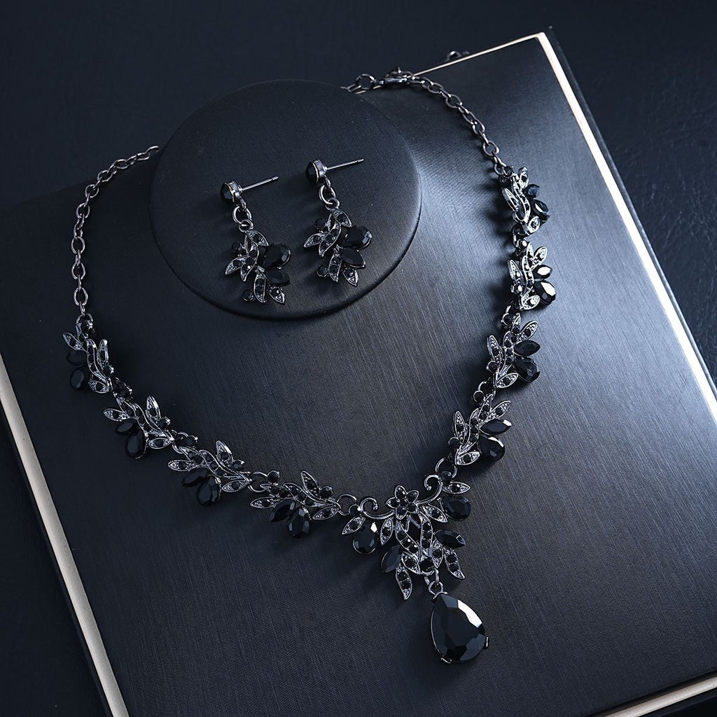 Black Crystal Floral Necklace & Earrings Set