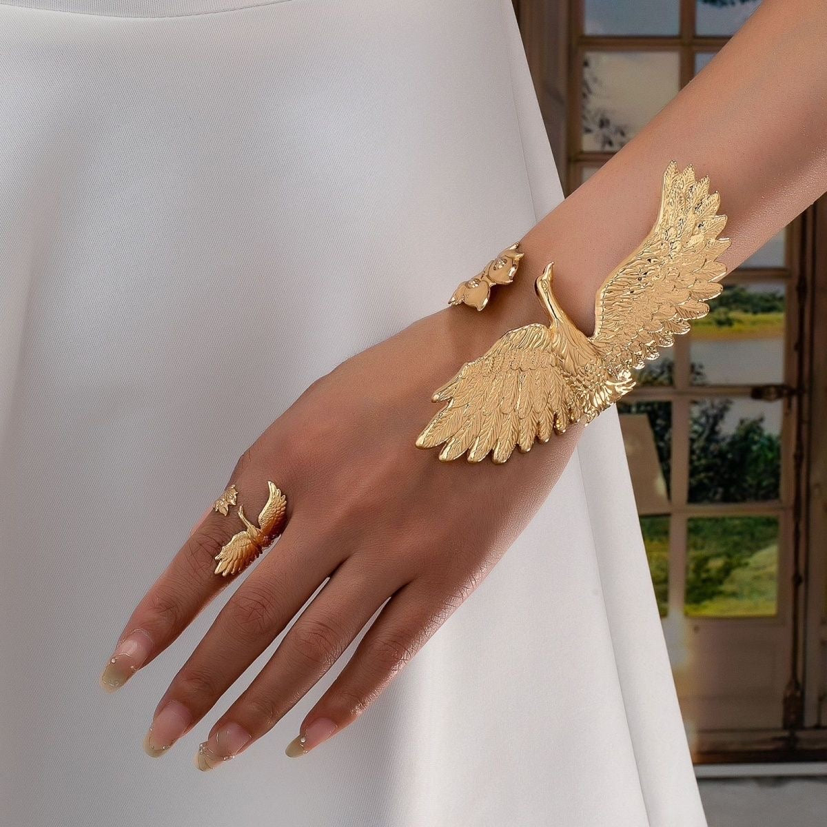 Gold Crane & Bird Ring Set
