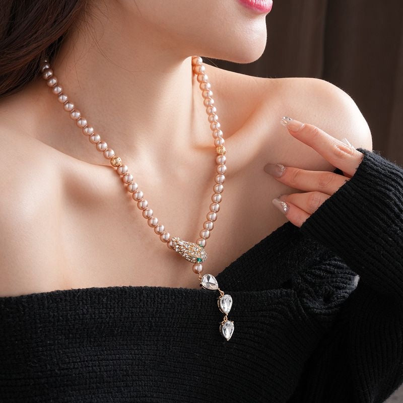 Pearl & Crystal Snake Cross Pendant Necklace
