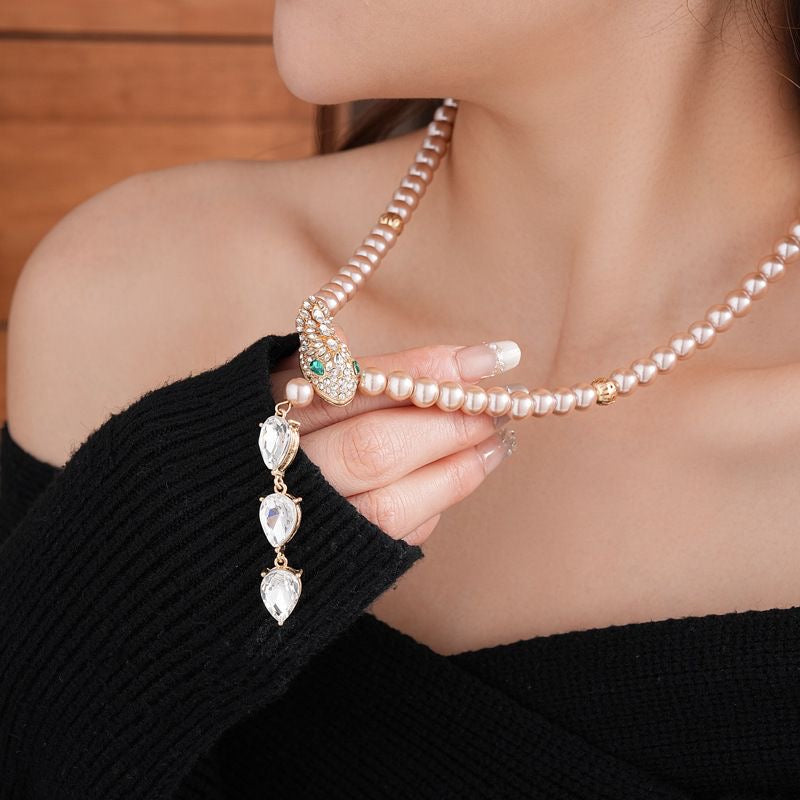 Pearl & Crystal Snake Cross Pendant Necklace