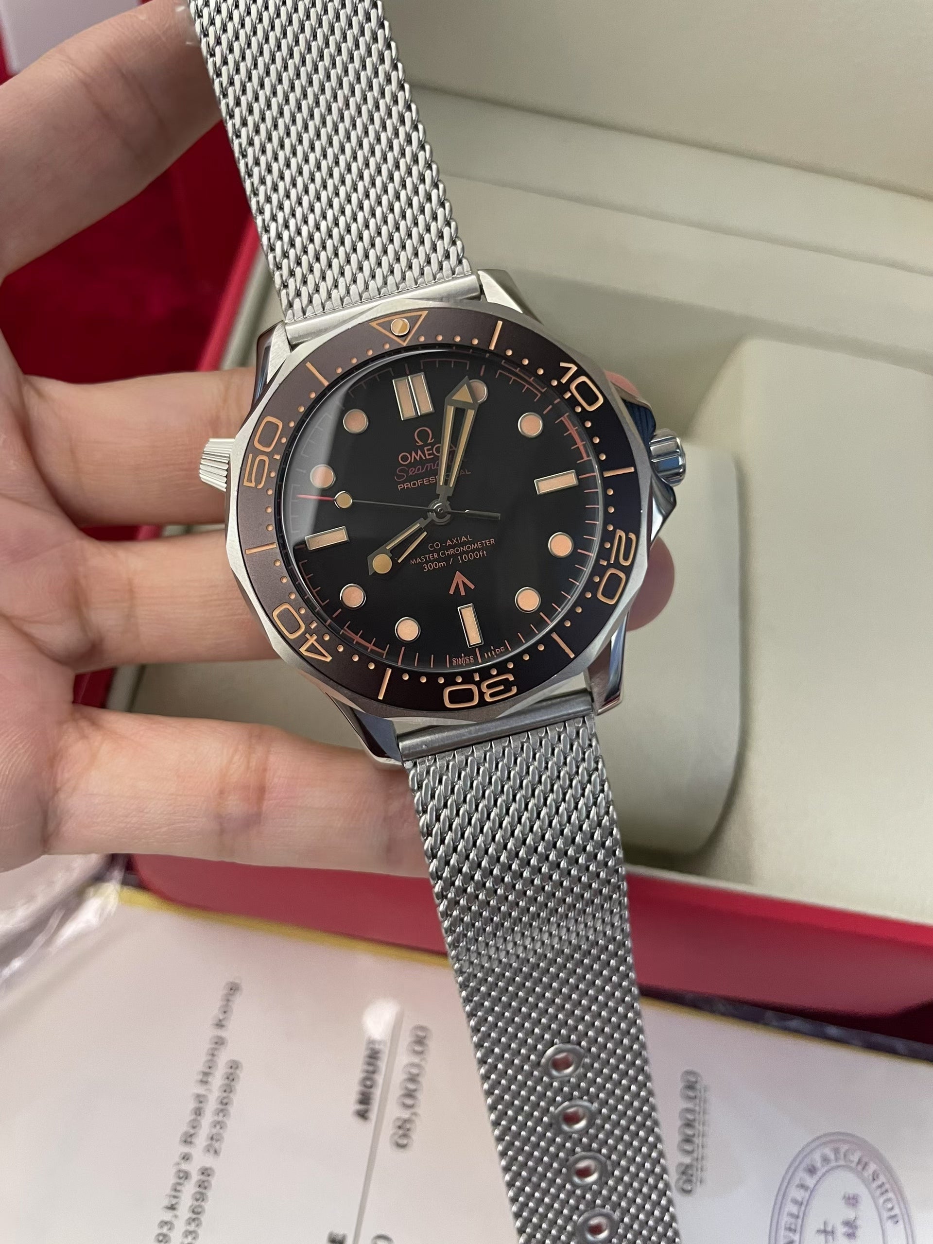Omega Seamaster Diver 300M – Steel Bronze Ceramic Bezel Black Dial Rose Gold Indices Mesh Bracelet No Time to Die 007