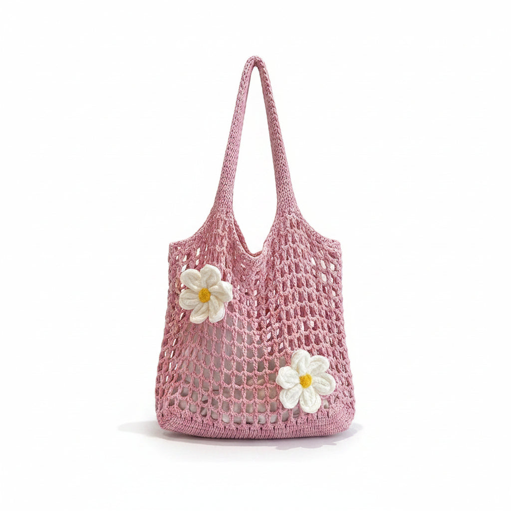 Women's Dusty Pink Crochet Mesh Shoulder Bag with Daisy Flower Accents