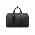 Men's Luxury Tonal Black Monogram Canvas Duffle Weekend Bag with Leather Trim