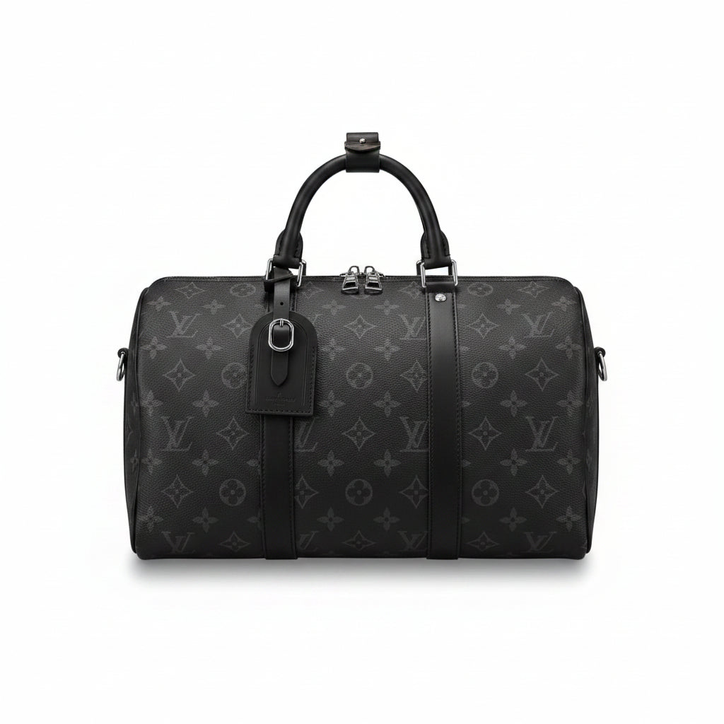 Men's Luxury Tonal Black Monogram Canvas Duffle Weekend Bag with Leather Trim