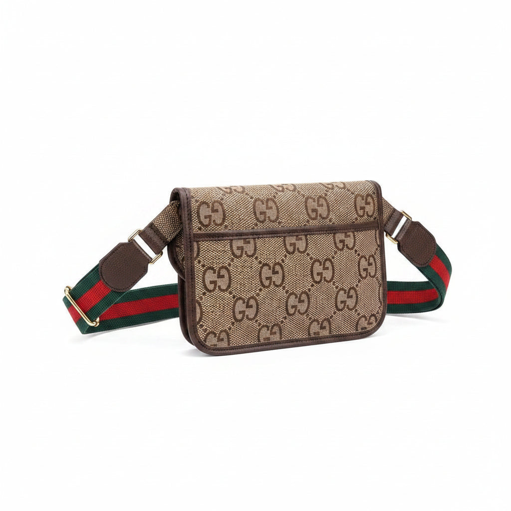 Luxury Monogram Canvas Belt Bag with Web Stripe & Gold Logo Plaque
