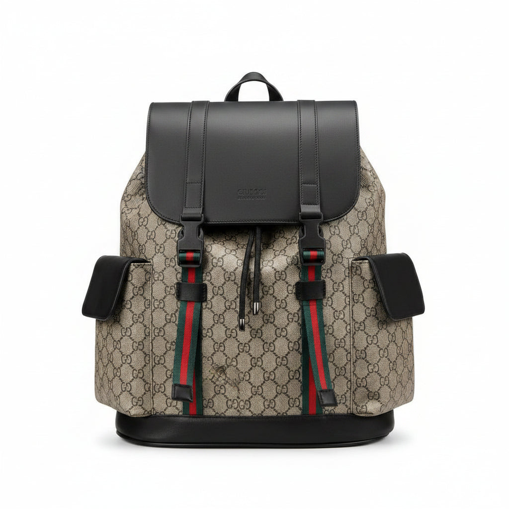 Men's Luxury Monogram Canvas Backpack with Web Stripe Straps & Leather Flap