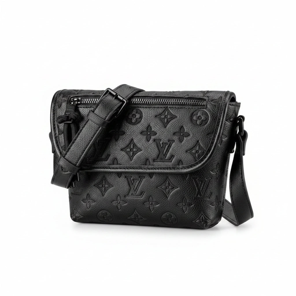 Men's All-Black Embossed Monogram Leather Messenger Crossbody Bag