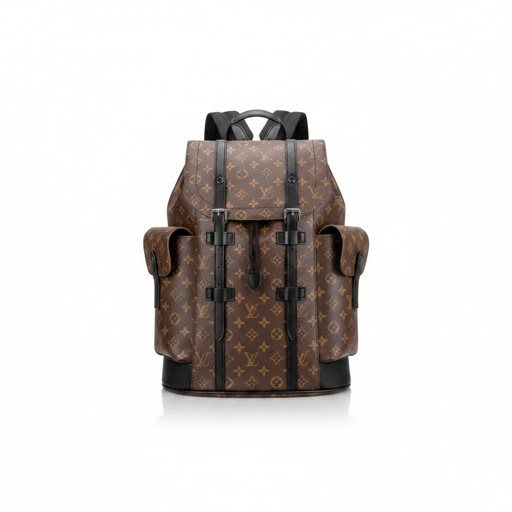 Men's Luxury Monogram Canvas Explorer Backpack with Leather Trim & Buckle Straps