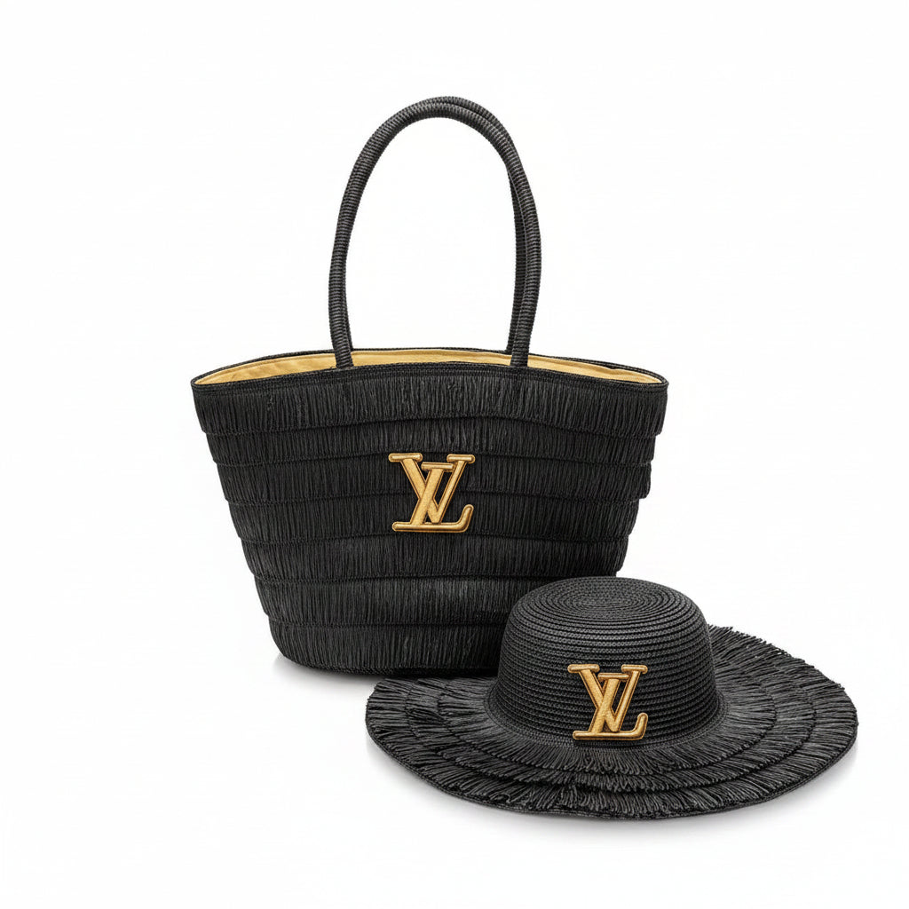 Black Raffia Woven Tote Bag & Sun Hat Set with Gold Logo