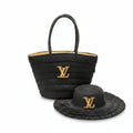 Black Raffia Woven Tote Bag & Sun Hat Set with Gold Logo
