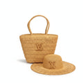 Natural Straw Raffia Tote Bag & Sun Hat Set with Gold Logo